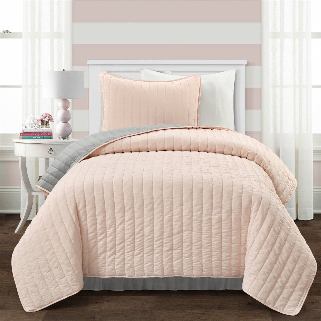Soft Reversible Lightweight Quilt Set in Rose Blush Pink and Grey
